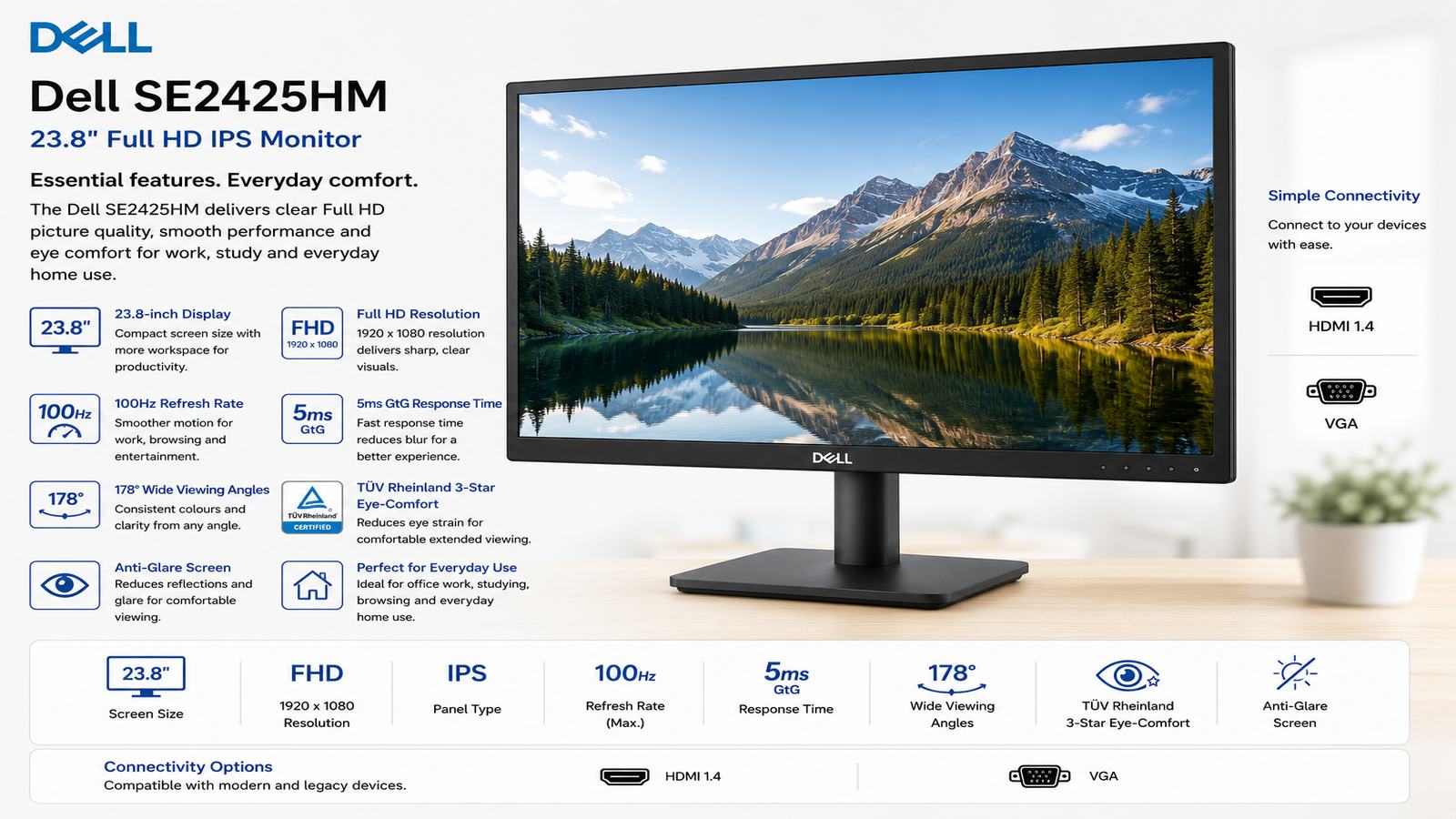 Dell SE2425HM, Dell 24-Inch Monitor, 23.8-Inch Full HD IPS Display, 1920x1080 Resolution, 100Hz Refresh Rate, 5ms GtG, TÜV Rheinland 3-Star Eye Comfort, HDMI 1.4, VGA, 3-Sided Bezel-Less Design | SE2425HM